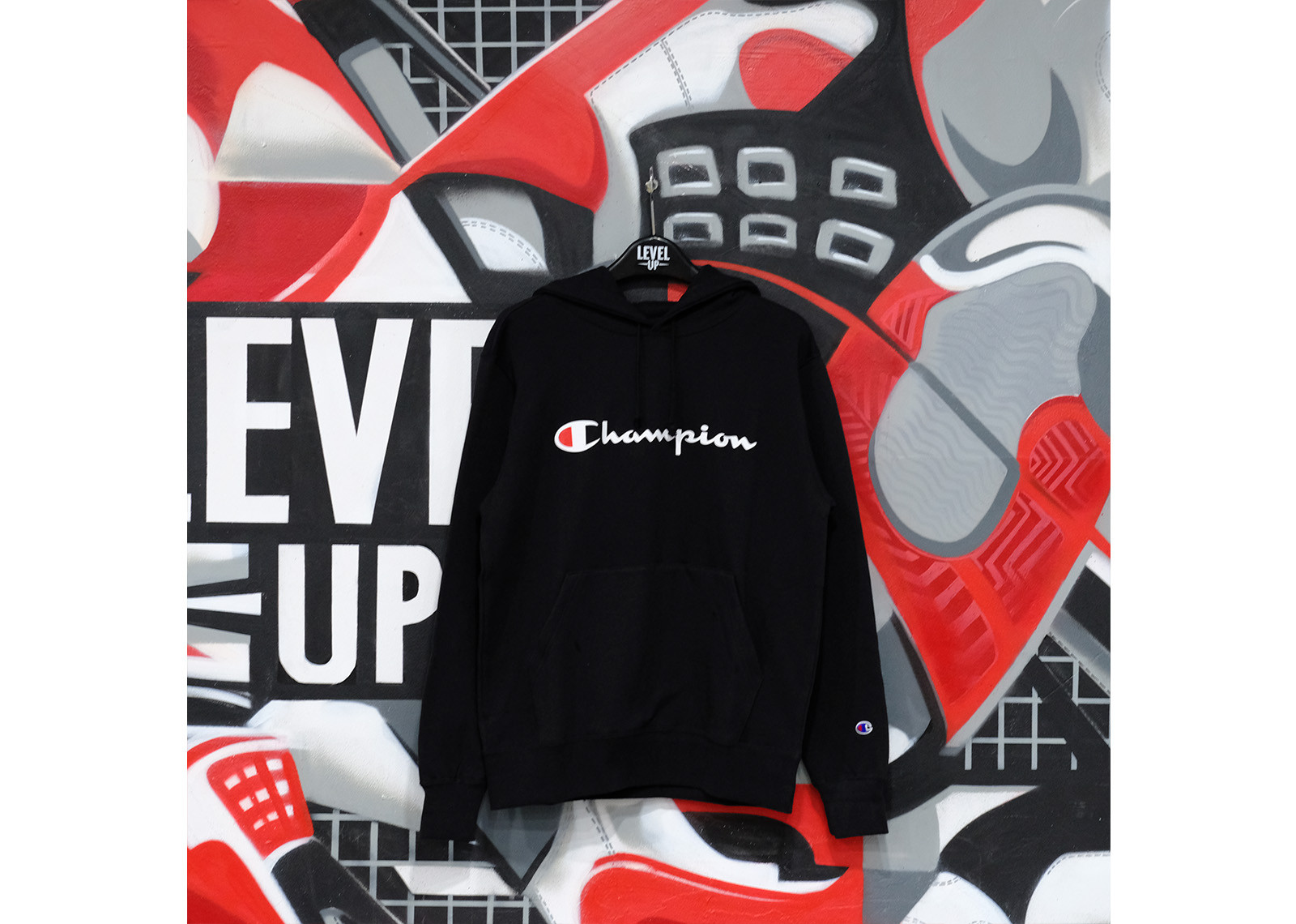 champion black script hoodie