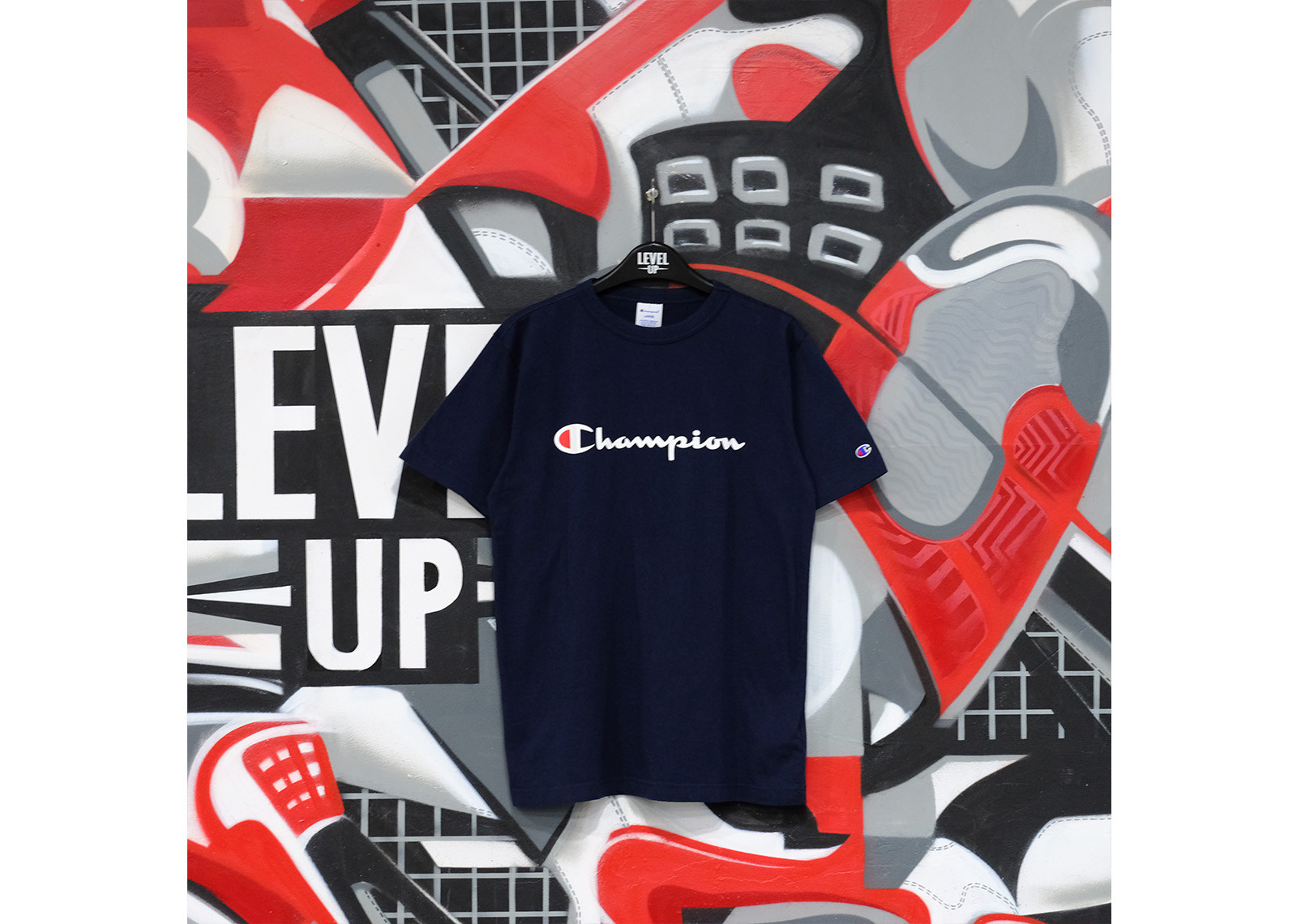 CHAMPION SCRIPT LOGO NAVY TEE | Level Up